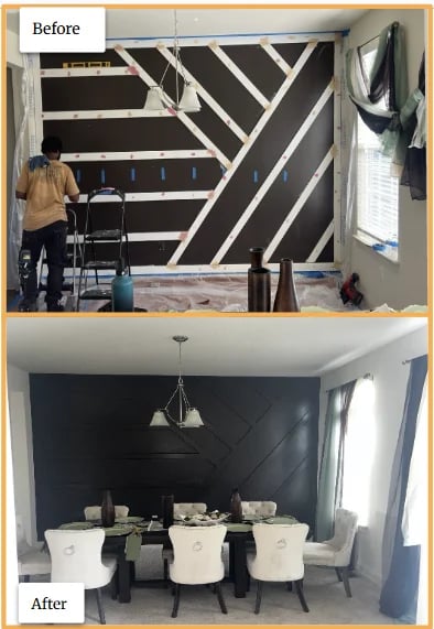 Before and after comparison of a dining room renovation showing transformation from unfinished construction to finished modern space with navy walls and white chairs
