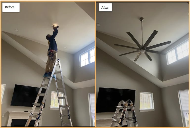 Before and after photos of installing a large ceiling fan in a vaulted living room