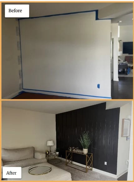 Before and after comparison of a living room with a white wall transformed into a black accent wall with fireplace and decor