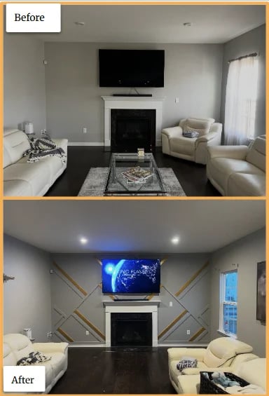 Before and after home renovation showing living room fireplace transformation with new lighting and wooden X-pattern wall treatment