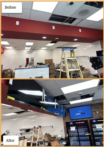 Before and after comparison of a commercial space renovation showing ceiling repairs and new LED lighting installation