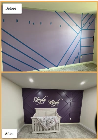 Before and after room transformation: unfinished walls with blue tape above, and finished nursery with dark accent wall, white crib, and name decal below